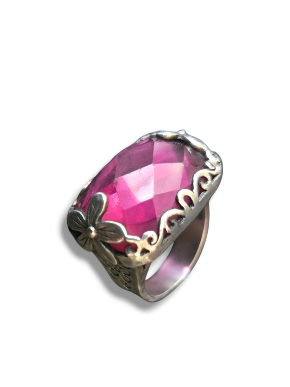 Silpada Berry-licious Pink Faceted Crystal Ring with Floral Silver Accents Sz 8